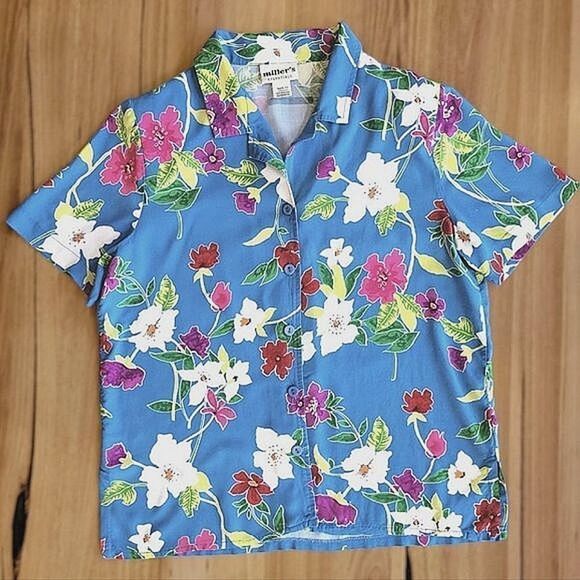 Vtg blue floral short sleeve button-down shirt - Picture 3 of 15
